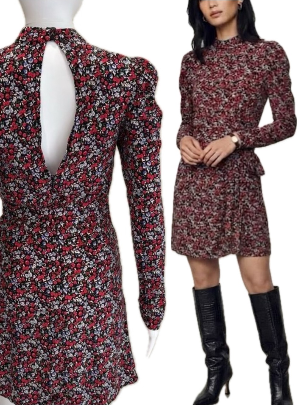 Topshop Liberty Red Floral Puff Sleeve Mini Dress Size 4 Open Back Wrap Front